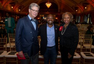 Milwaukee Public Library Foundation Benjamin Franklin Awards Celebration 2022 Benjamin Franklin Award Recipients Arthur Harrington Esq. and Dr Joan Prince with Mayor Cavalier Johnson